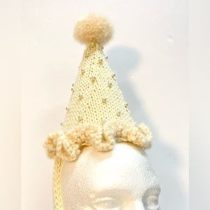 NWT Hand Knit Party Hat in Cream with Faux Pearls and Pom Pom One Size Fits Most